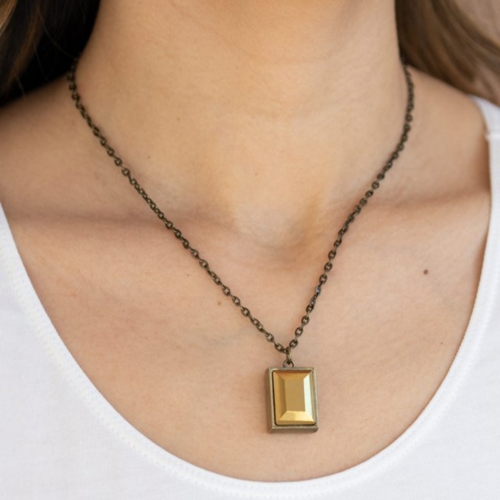 Emerald Cut Aurum Gem Pendant with Brass Frame, Brass Necklace & Chain Earring